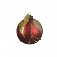 3 Boules No�l Rouge Feuilles Or (8 cm) - Verre