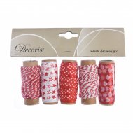 5 Rubans D�co No�l Rouge - Tissu et Cordelette