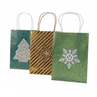 3 Sacs Cadeaux No�l Vert/Or (25 cm) - Papier