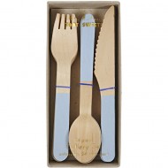 Set 24 Couverts en Bois Bleu Pastel