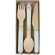 Set 24 Couverts en Bois Vert Pastel