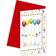 6 Invitations Happy Birthday Ballons Rainbow