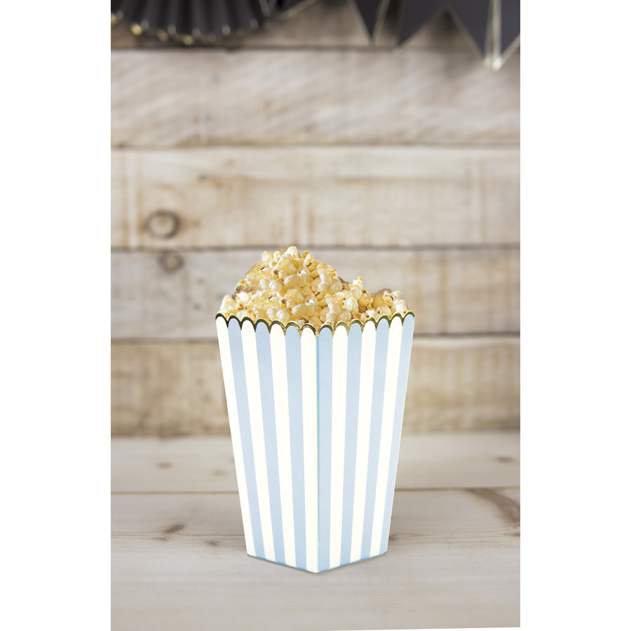 8 Boîtes à Popcorn Bleu Pastel/Blanc/Or pour l'anniversaire de votre enfant  - Annikids