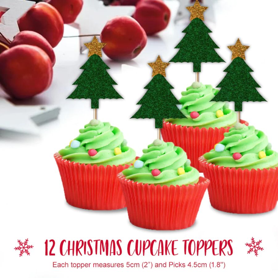 12 Cupcake Toppers Sapin de Noël Vert à Paillettes - Annikids