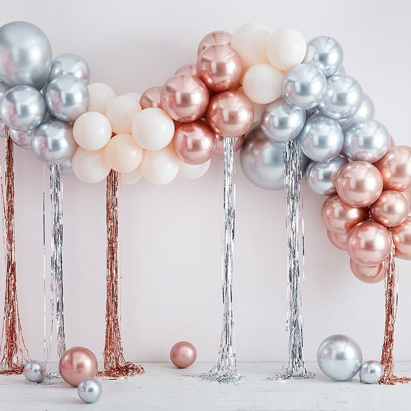 Kit Arche de 95 Ballons Métalliques - Rose Gold Argent et Ivoire