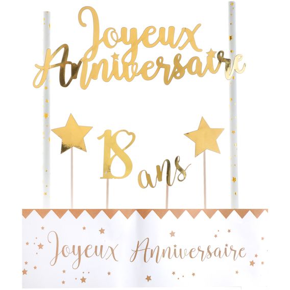 Kit Déco de Gâteau Joyeux Anniversaire Lamé Or - 18 ans