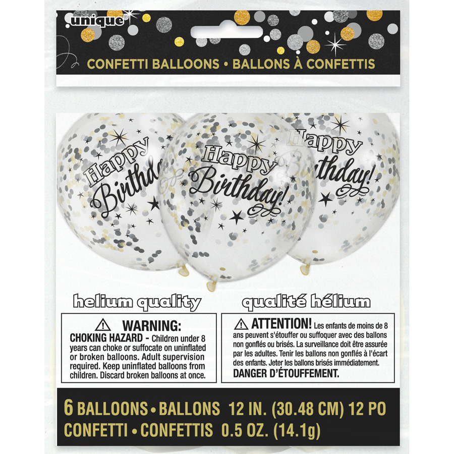 6 Ballons Happy Birthday Noir et Confettis Or/Argent pour l'anniversaire de  votre enfant - Annikids