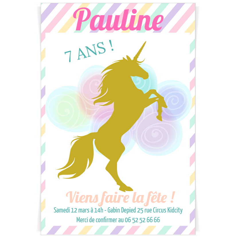 Invitation à personnaliser - Licorne Or pour l'anniversaire de