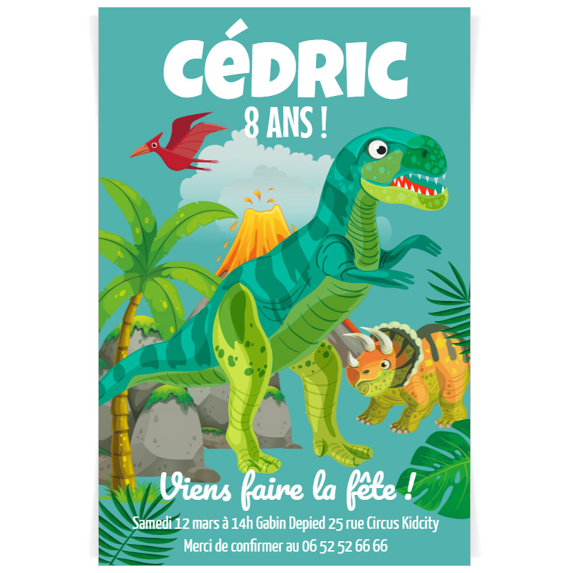 Invitation à personnaliser - Dino T-Rex Vert