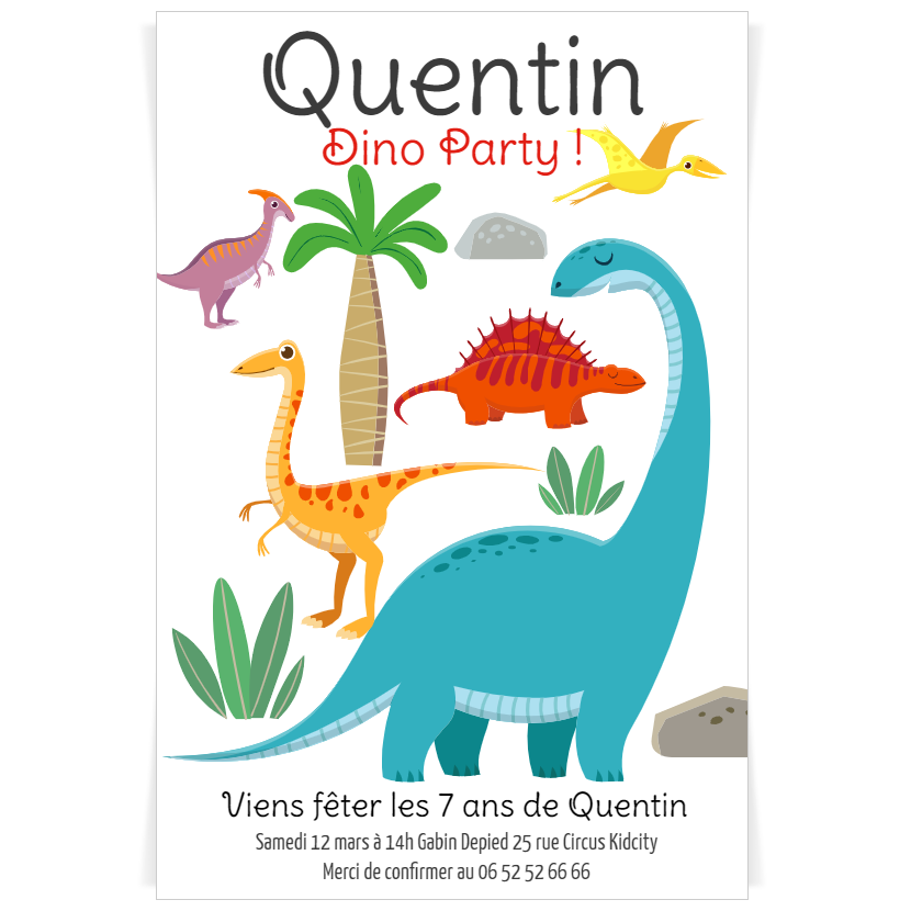 Carte d'invitation anniversaire enfant Dinosaures et guirlande - Fête