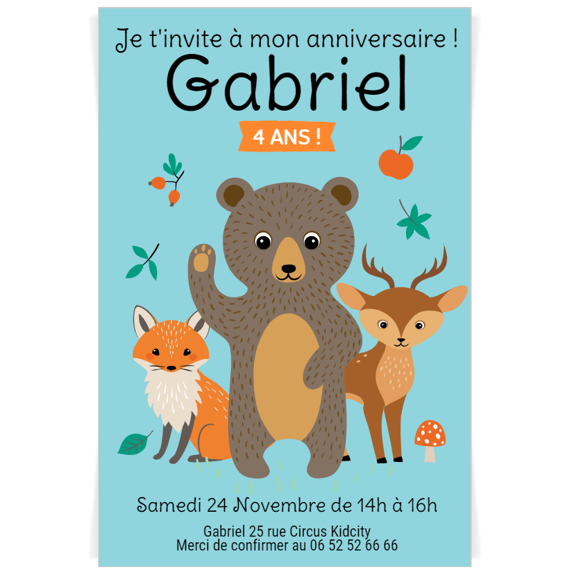 Carte d'invitation anniversaire enfant Animaux de la forêt - Fête