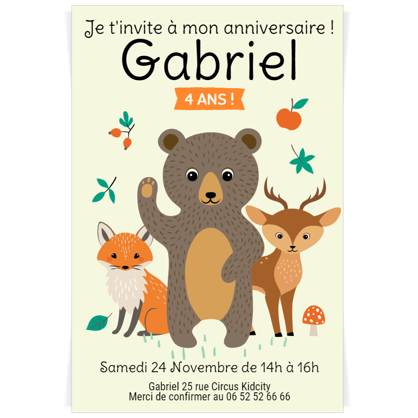 Carte d'invitation anniversaire enfant Animaux de la forêt - Fête