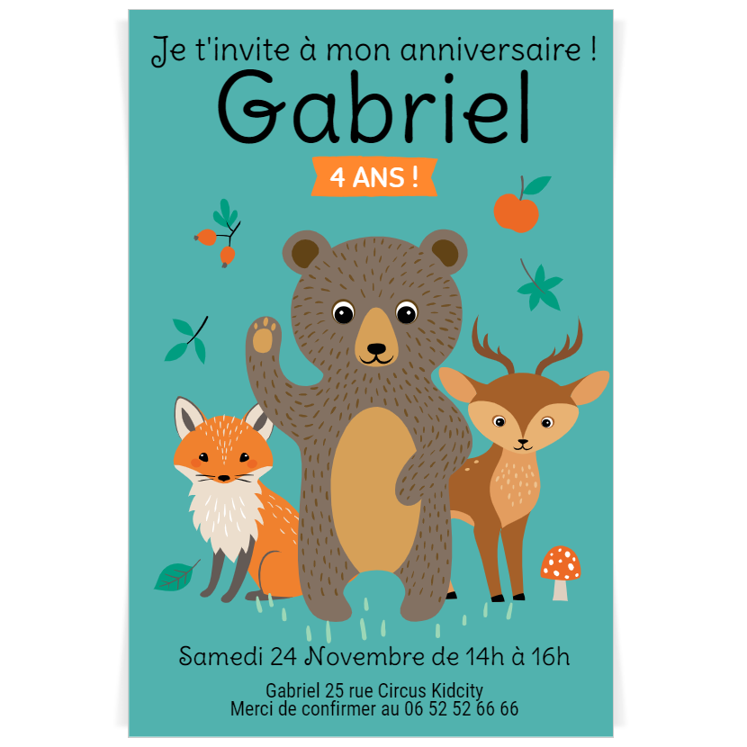 Invitation à personnaliser - Animaux de la Forêt pour l'anniversaire de  votre enfant - Annikids