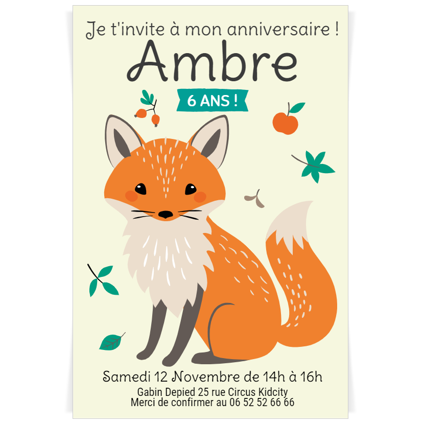 Invitation à personnaliser - Joli Renard Jaune