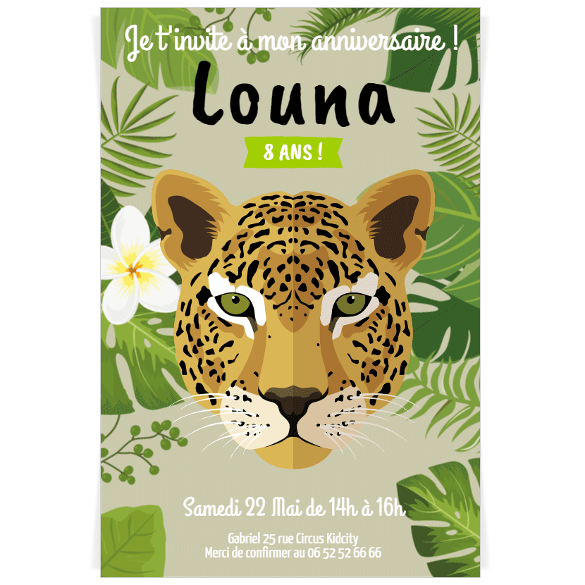 Carte d'Invitation Anniversaire Jungle pour enfant à personnaliser