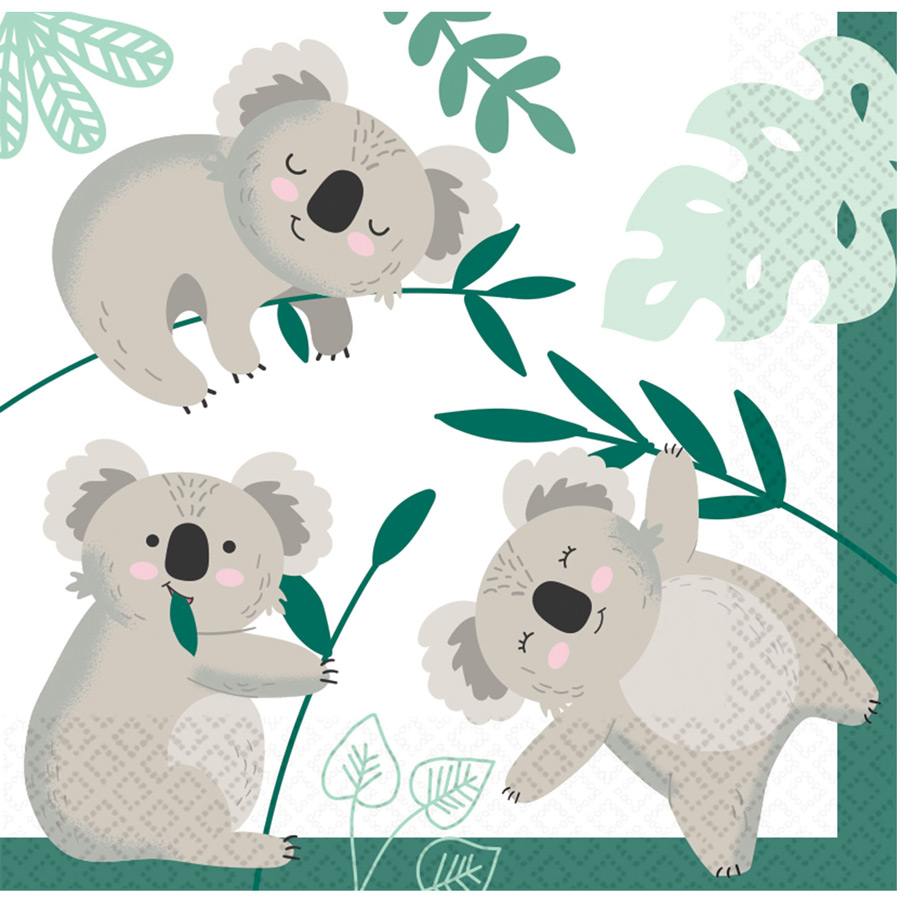 Lot De 16 Serviettes En Papier Koala 33x33 Cm - Motif Imprimé Multicolore - Neuf