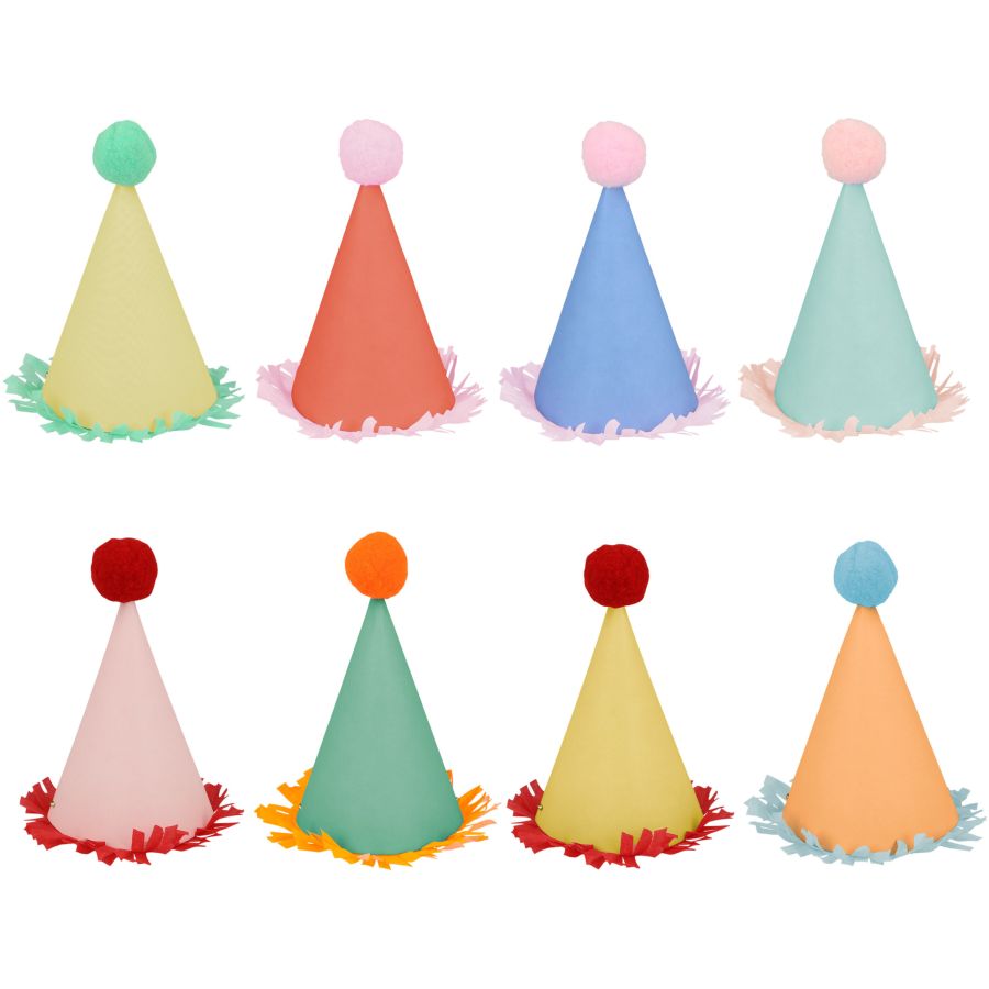 Opopark Lot de 11 chapeaux coniques d'anniversaire avec pompons (9 chapeaux et 2 couronnes), 15 mini chapeaux en papier et soufflages pour garçons et filles
