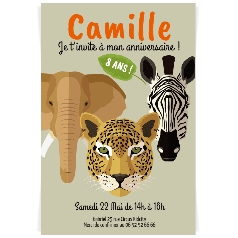 8 invitations anniversaire animaux de jungle & enveloppes de couleurs