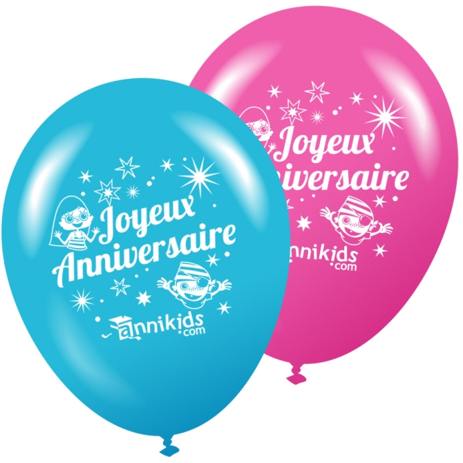 8 Ballons Annikids Joyeux Anniversaire Rose-Bleu 