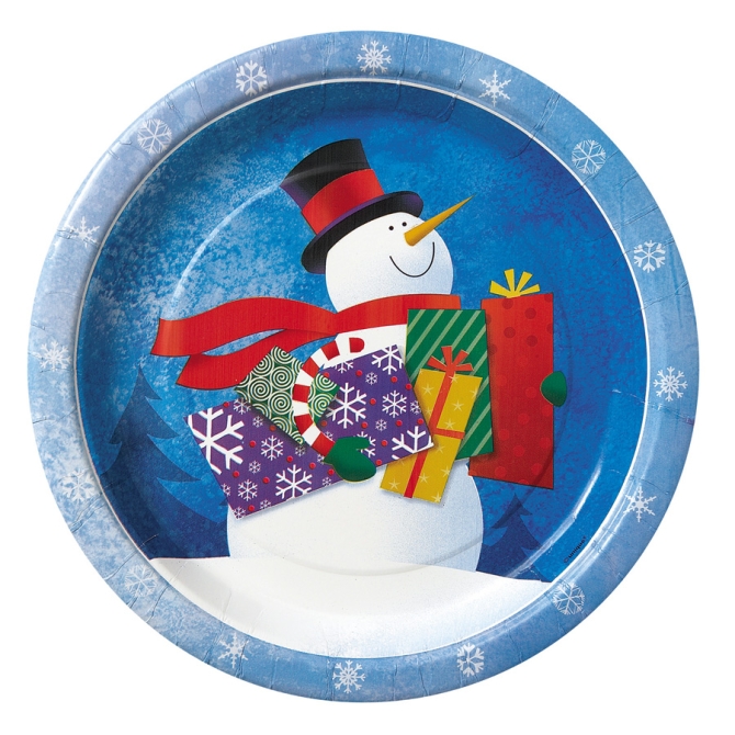8 assiettes bonhomme de neige avec cadeaux 