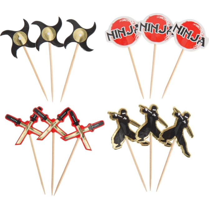 12 Cake Toppers Ninja Noir / Or / Rouge 