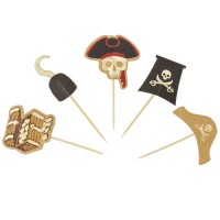 Contient : 1 x 10 Cake Toppers Pirate Noir/Or