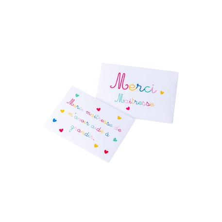 Carte + Enveloppe Merci Maîtresse Cœurs Multicolores - 16.3 cm 