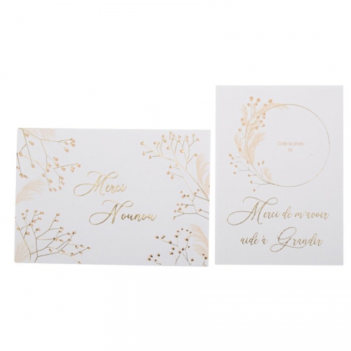 Carte et Enveloppe Nounou "Merci de m avoir aidé à Grandir" Fleurs des Champs Blanc, Blush et Or 