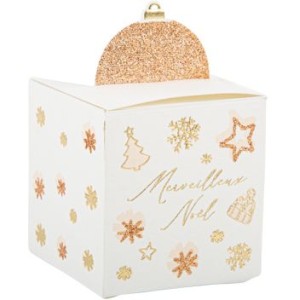 8 Botes Cadeaux Merveilleux Nol Blancs/Paillettes Cuivre - 9 cm