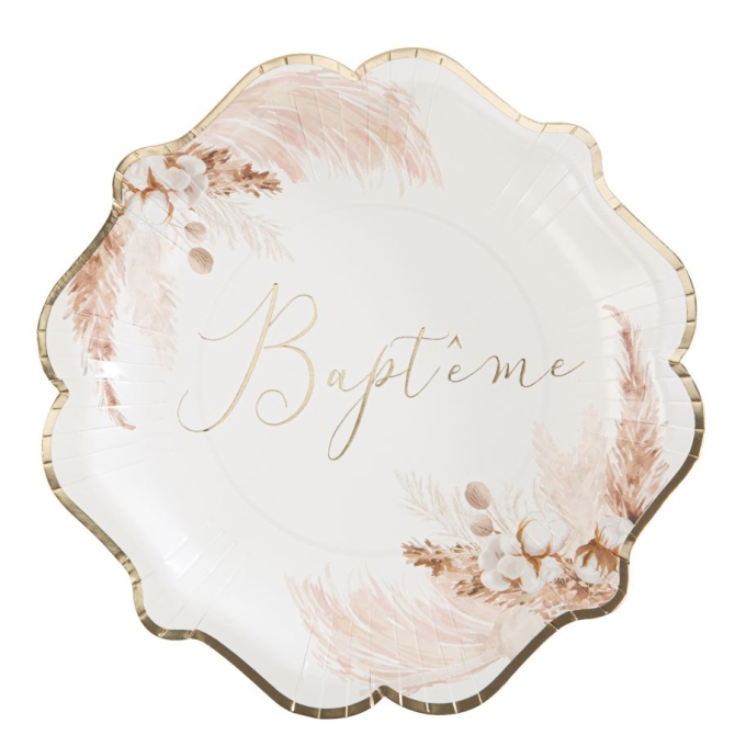 8 Assiettes Baptme Pampas Fleurs de Coton 