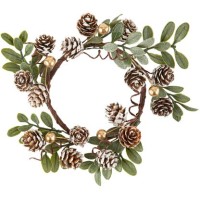 Couronne de Buis, Baies et Pommes de Pin Enneig, Vert et Or 18cm