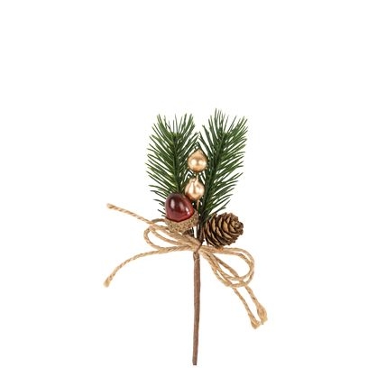 1 Branche de Sapin,  Gland,  Baies,  Pomme de Pin et Noeud Jute,  Naturel,  Vert et Or 15cm 