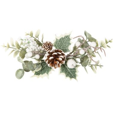 Dco d Eucalyptus,  Houx,  Pommes de Pin et Baies Enneig,  Vert et Blanc 23 cm 