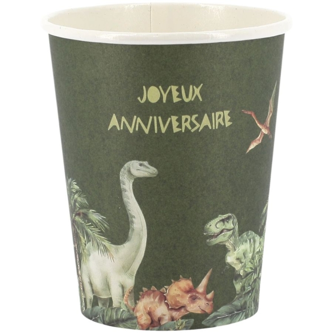8 Gobelets Dinosaures Vert  Joyeux Anniversaire 
