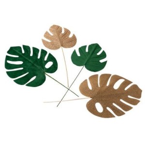 Lot de 4 Feuilles Tropicales  Velours Vert & Paillettes Or