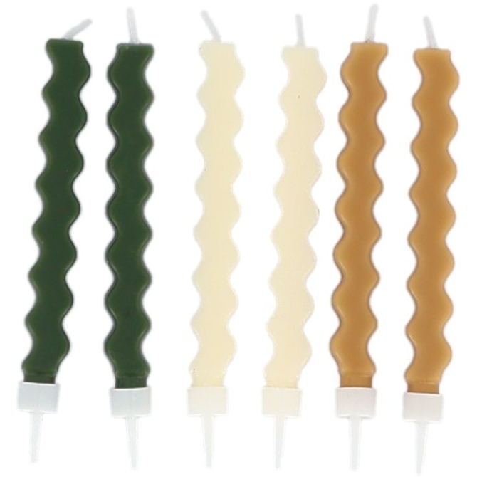 6 Bougies Zig-Zag  Beige,  Camel & Vert  8, 5 cm 