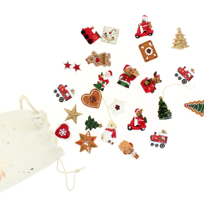 Set 24 Mini Cadeaux Dco (3.5 cm)  +  Sac coton - Calendrier de l Avent en bois 