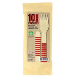 10 Fourchettes en Bois Rayures Rouges - Biodgradable. n1