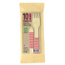 10 Fourchettes en Bois Rayures Roses - Biodgradable. n1