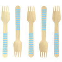 10 Fourchettes en Bois Rayures Bleues - Biodgradable