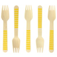 10 Fourchettes en Bois Rayures Jaunes - Biodgradable