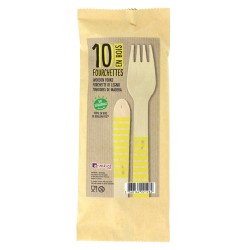 10 Fourchettes en Bois Rayures Jaunes - Biodgradable. n1