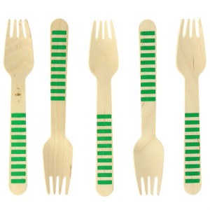 10 Fourchettes en Bois Rayures Vertes - Biodgradable