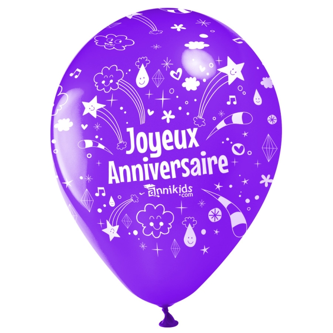 10 Ballons Joyeux Anniversaire Annikids - Violet 