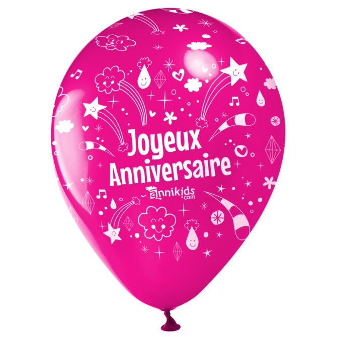 10 Ballons Joyeux Anniversaire Annikids - Rose Fuchsia 