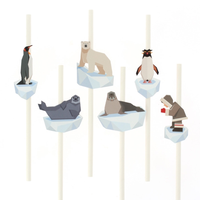 6 Pailles en papier Animaux Polaires - Recyclable 