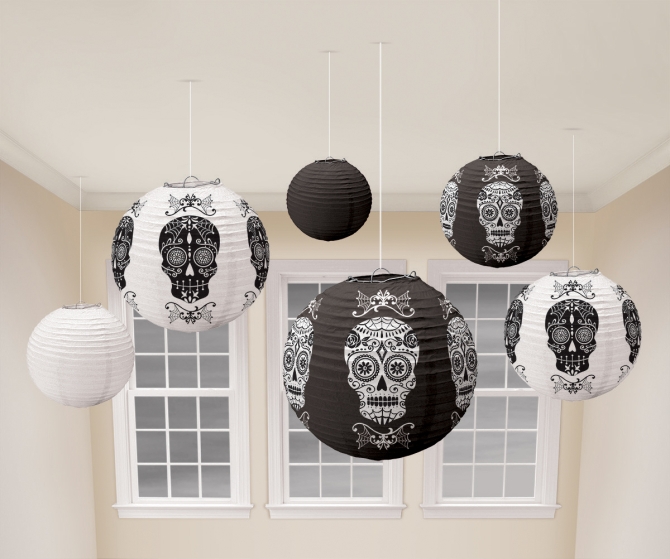 6 Lanternes Halloween Papier Blanc / Noir 