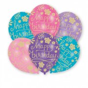 6 Ballons Happy Birthday Fleurs