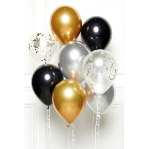 Bouquet 8 Ballons 30cm Noir/Argent/Or