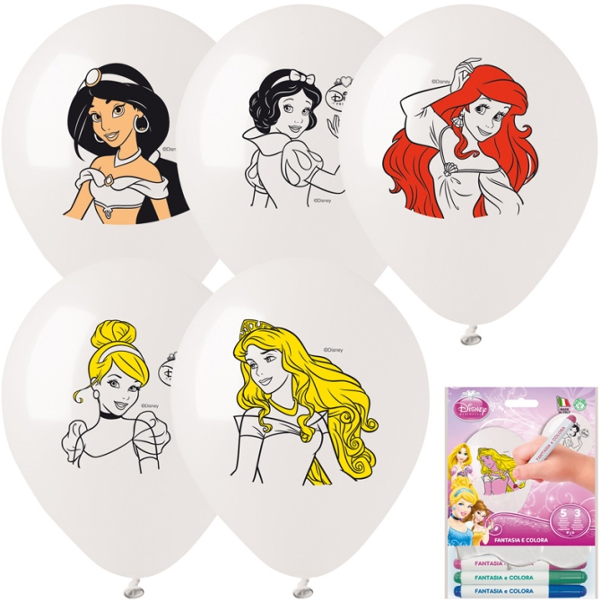 Kit 5 Ballons  Colorier Princesses Disney  +  3 Feutres 